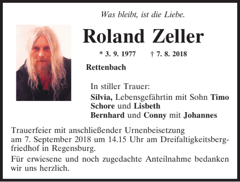  Traueranzeige für Roland Zeller vom 05.09.2018 aus Mittelbayerische Zeitung Regensburg