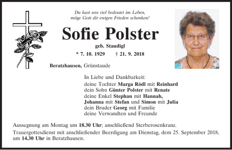  Traueranzeige für Sofie Polster vom 22.09.2018 aus Mittelbayerische Zeitung Regensburg