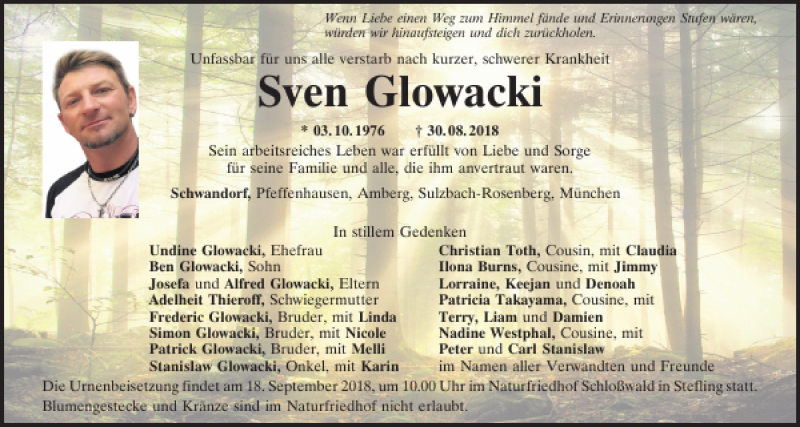  Traueranzeige für Sven Glowacki vom 08.09.2018 aus Mittelbayerische Zeitung Schwandorf