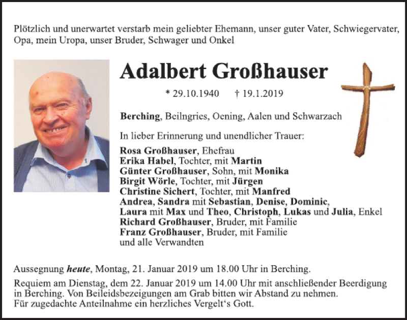  Traueranzeige für Adalbert Großhauser vom 21.01.2019 aus Neumarkter Tagblatt