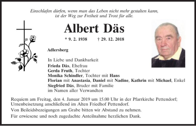  Traueranzeige für Albert Däs vom 02.01.2019 aus Mittelbayerische Zeitung Regensburg