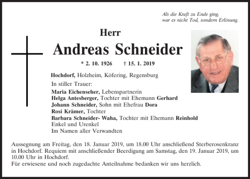 Traueranzeigen Von Andreas Schneider Mittelbayerische Trauer