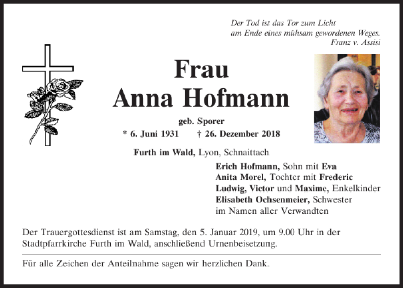 Traueranzeigen von Anna Hofmann | Mittelbayerische Trauer