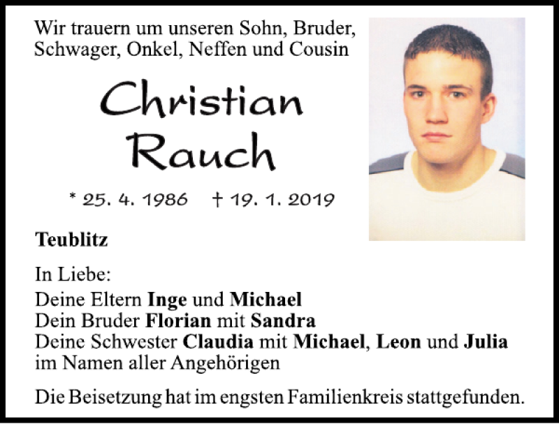  Traueranzeige für Christian Rauch vom 31.01.2019 aus Mittelbayerische Zeitung Schwandorf