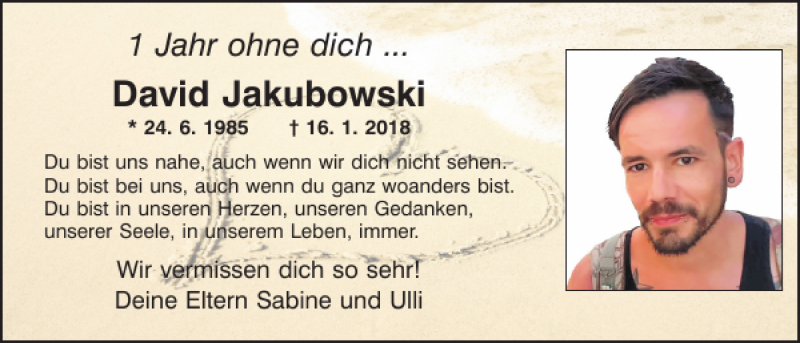  Traueranzeige für David Jakubowski vom 16.01.2019 aus Mittelbayerische Zeitung Kelheim