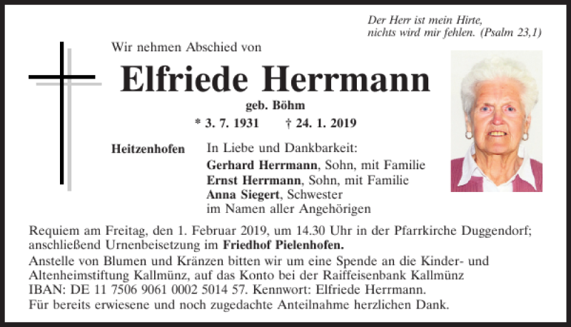  Traueranzeige für Elfriede Herrmann vom 30.01.2019 aus Mittelbayerische Zeitung Regensburg