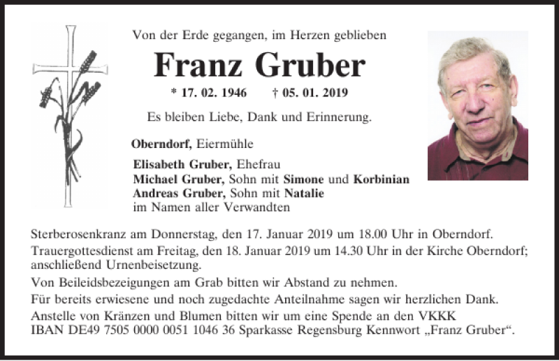  Traueranzeige für Franz Gruber vom 12.01.2019 aus Mittelbayerische Zeitung Regensburg