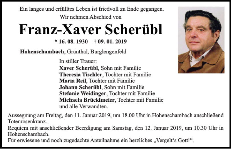  Traueranzeige für Franz-Xaver Scherübl vom 10.01.2019 aus Mittelbayerische Zeitung Schwandorf