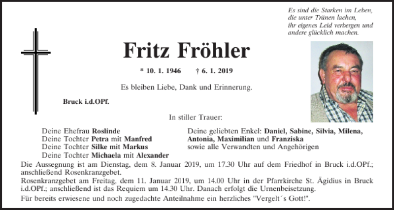  Traueranzeige für Fritz Fröhler vom 08.01.2019 aus Mittelbayerische Zeitung Schwandorf