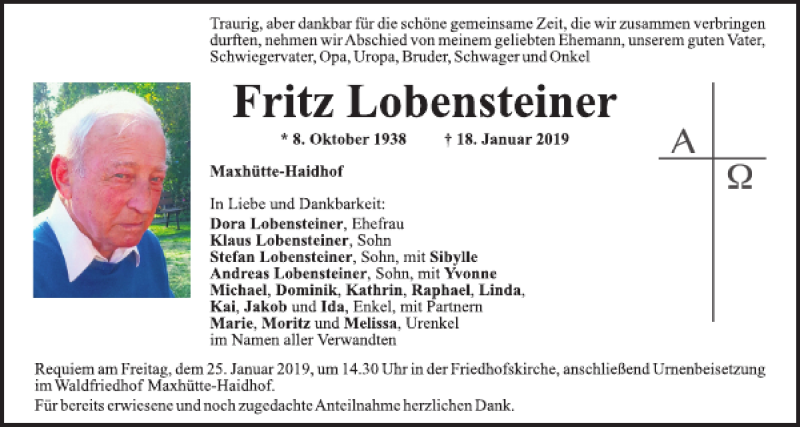  Traueranzeige für Fritz Lobensteiner vom 21.01.2019 aus Mittelbayerische Zeitung Schwandorf