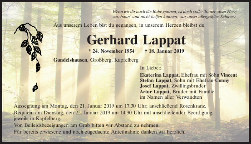  Traueranzeige für Gerhard Lappat vom 19.01.2019 aus Mittelbayerische Zeitung Kelheim