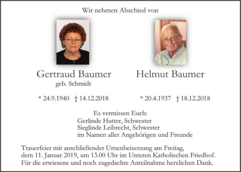  Traueranzeige für Gertraud und Helmut Baumer vom 05.01.2019 aus Mittelbayerische Zeitung Regensburg