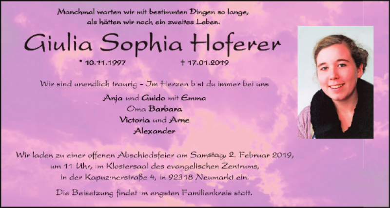  Traueranzeige für Giulia Sophia Hoferer vom 26.01.2019 aus Neumarkter Tagblatt