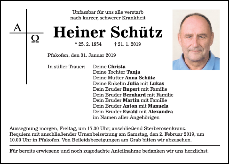  Traueranzeige für Heiner Schütz vom 31.01.2019 aus Mittelbayerische Zeitung Regensburg