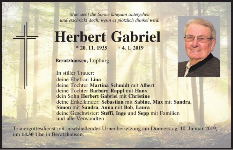  Traueranzeige für Herbert Gabriel vom 08.01.2019 aus Mittelbayerische Zeitung Regensburg