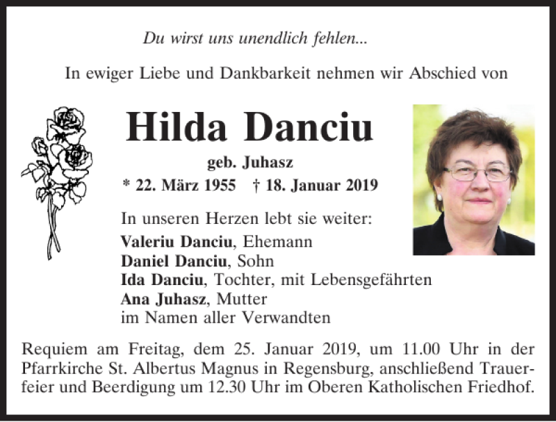  Traueranzeige für Hilda Danciu vom 23.01.2019 aus Mittelbayerische Zeitung Regensburg