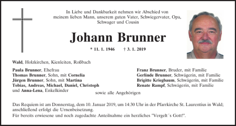  Traueranzeige für Johann Brunner vom 05.01.2019 aus Bayerwald Echo