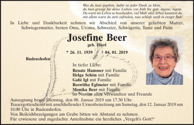  Traueranzeige für Josefine Beer vom 08.01.2019 aus Neumarkter Tagblatt