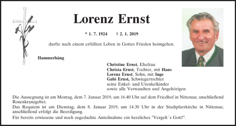  Traueranzeige für Lorenz Ernst vom 04.01.2019 aus Mittelbayerische Zeitung Schwandorf