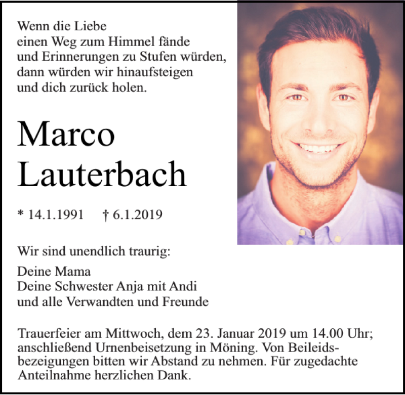  Traueranzeige für Marco Lauterbach vom 19.01.2019 aus Neumarkter Tagblatt