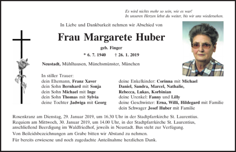  Traueranzeige für Margarete Huber vom 28.01.2019 aus Mittelbayerische Zeitung Kelheim