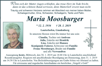 Traueranzeige von Maria Moosburger von Neumarkter Tagblatt