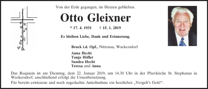  Traueranzeige für Otto Gleixner vom 18.01.2019 aus Mittelbayerische Zeitung Regensburg