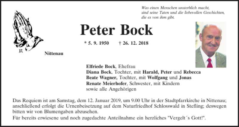  Traueranzeige für Peter Bock vom 05.01.2019 aus Mittelbayerische Zeitung Schwandorf