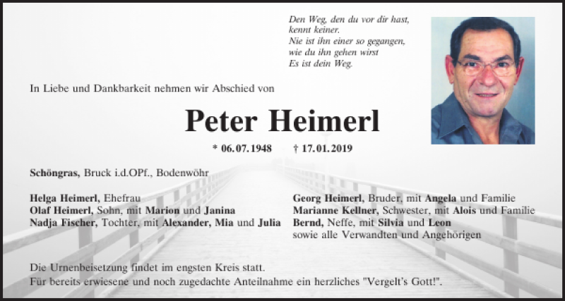  Traueranzeige für Peter Heimerl vom 19.01.2019 aus Mittelbayerische Zeitung Schwandorf