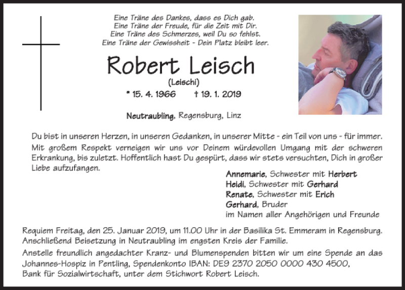  Traueranzeige für Robert Leisch vom 23.01.2019 aus Mittelbayerische Zeitung Regensburg