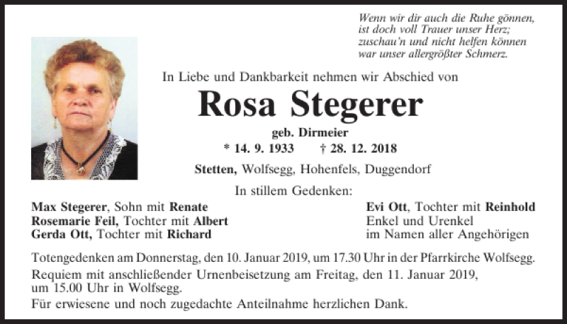 Traueranzeigen von Rosa Stegerer | Mittelbayerische Trauer