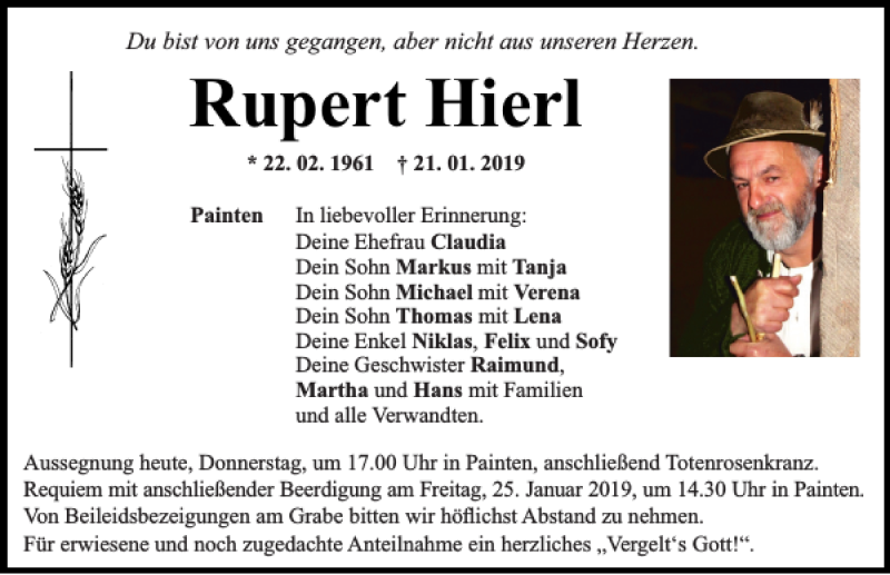  Traueranzeige für Rupert Hierl vom 24.01.2019 aus Mittelbayerische Zeitung Kelheim