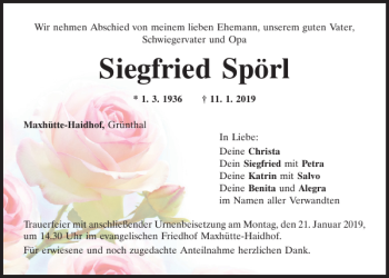 Traueranzeige von Siegfried Spörl von Mittelbayerische Zeitung Schwandorf