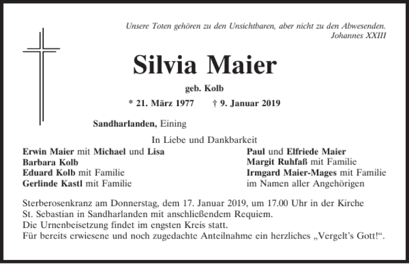  Traueranzeige für Silvia Maier vom 12.01.2019 aus Mittelbayerische Zeitung Kelheim