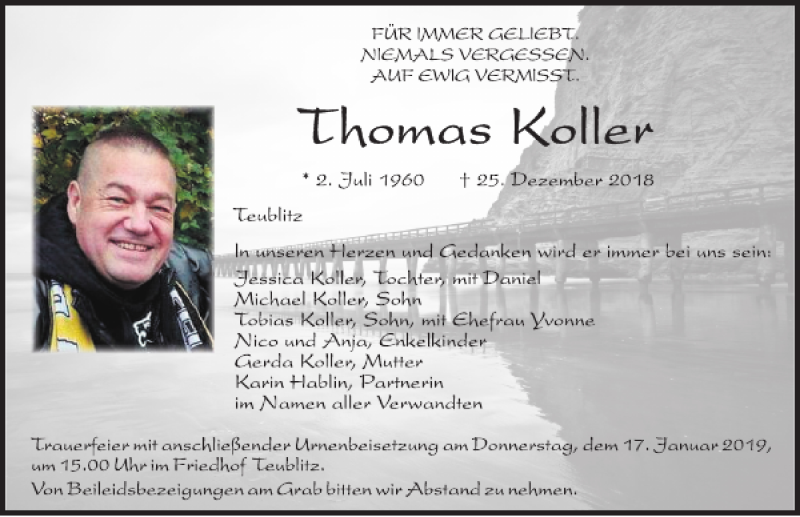  Traueranzeige für Thomas Koller vom 14.01.2019 aus Mittelbayerische Zeitung Schwandorf