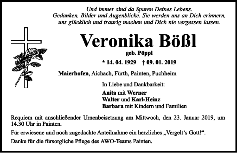  Traueranzeige für Veronika Bößl vom 12.01.2019 aus Mittelbayerische Zeitung Regensburg