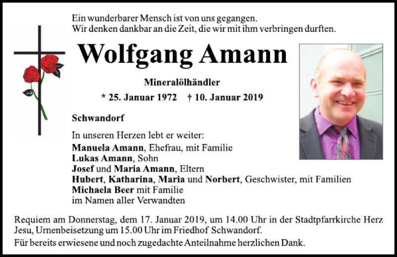  Traueranzeige für Wolfgang Amann vom 12.01.2019 aus Mittelbayerische Zeitung Schwandorf