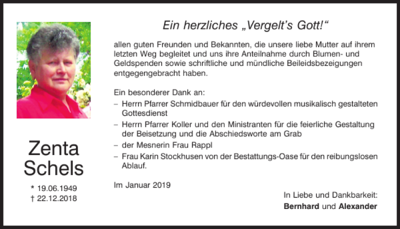  Traueranzeige für Zenta Schels vom 08.01.2019 aus Mittelbayerische Zeitung Kelheim