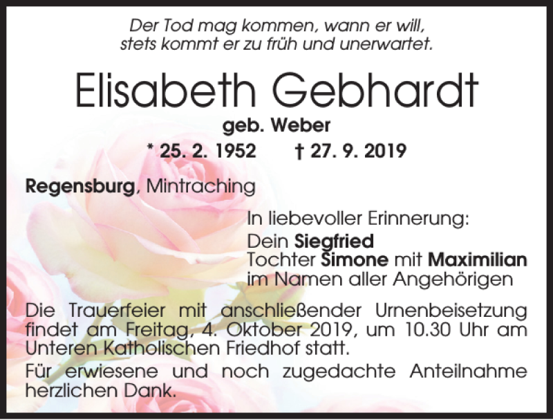  Traueranzeige für Elisabeth Gebhardt vom 01.10.2019 aus Mittelbayerische Zeitung Regensburg