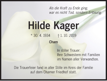 Traueranzeige von Hilde Kager von Bayerwald Echo