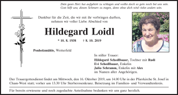 Traueranzeige von Hildegard Loidl von Bayerwald Echo