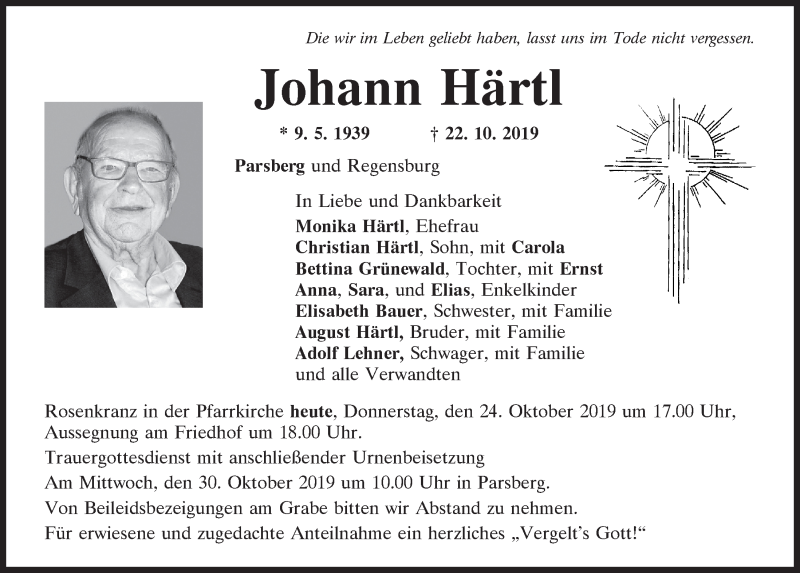  Traueranzeige für Johann Härtl vom 24.10.2019 aus Neumarkter Tagblatt