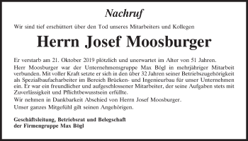 Traueranzeige von Josef Moosburger von Neumarkter Tagblatt