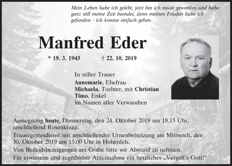  Traueranzeige für Manfred Eder vom 24.10.2019 aus Neumarkter Tagblatt