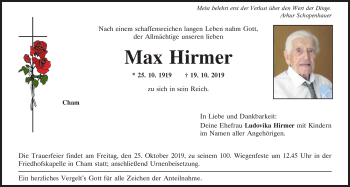 Traueranzeige von Max Hirmer von Bayerwald Echo