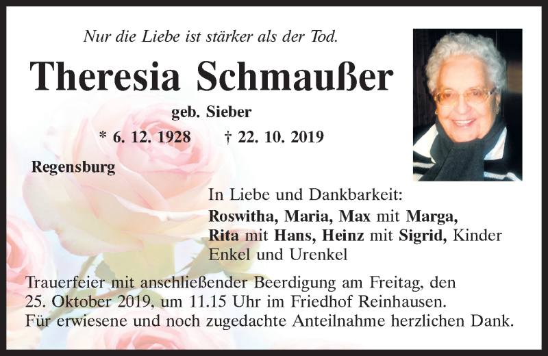  Traueranzeige für Theresia Schmaußer vom 24.10.2019 aus Mittelbayerische Zeitung Regensburg