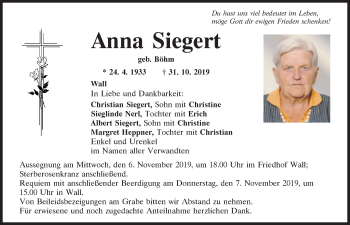 Traueranzeigen von Anna Siegert | Mittelbayerische Trauer