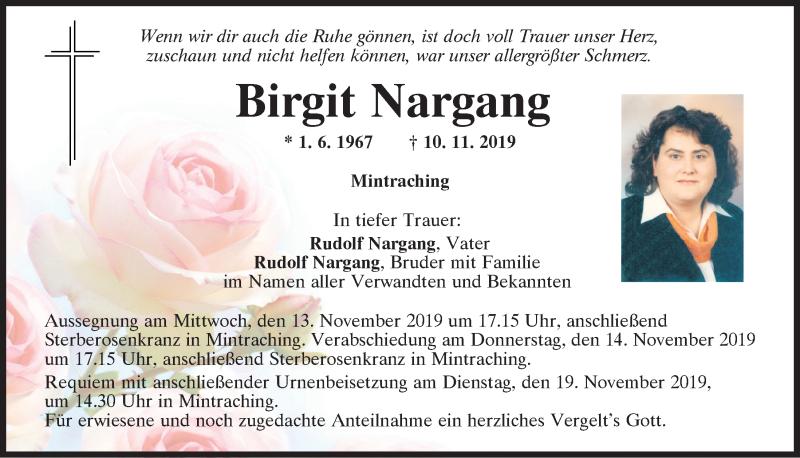  Traueranzeige für Birgit Nargang vom 12.11.2019 aus Mittelbayerische Zeitung Regensburg