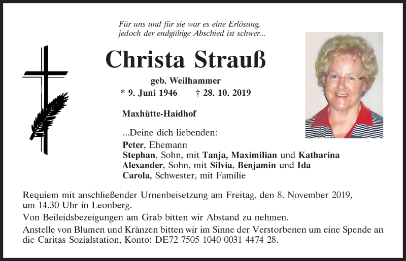  Traueranzeige für Christa Strauß vom 05.11.2019 aus Mittelbayerische Zeitung Schwandorf