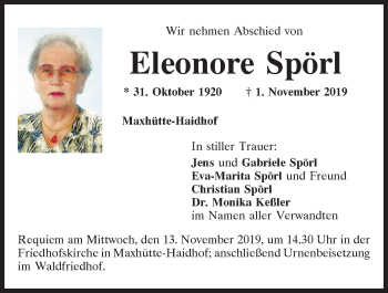 Traueranzeige von Eleonore Spörl von Mittelbayerische Zeitung Schwandorf